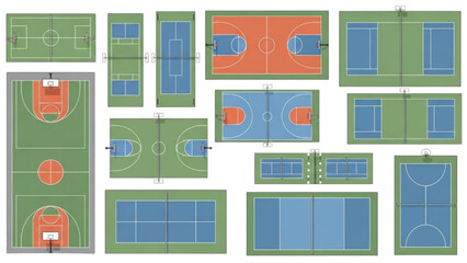 Comprehensive vector collection of diverse athletic fields and courts from an overhead perspective, illustrating various sports layouts