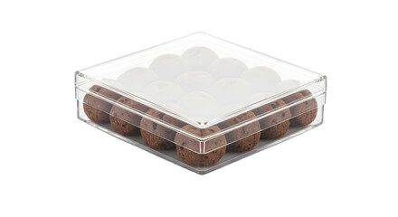 Brown dessert in clear plastic container on black background