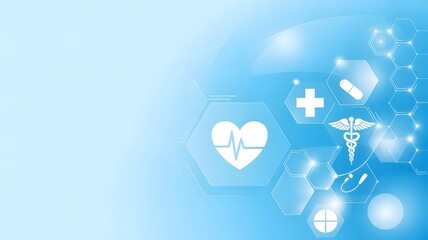 Healthcare Abstract Blue Background with Medical Icons and Hexagon Pattern