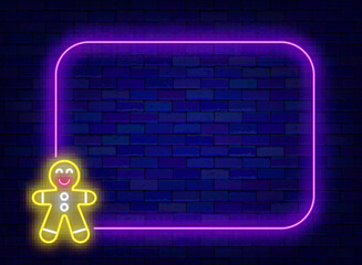 Merry Christmas neon flyer. Season greetings. December sale invitation. Empty purple frame and gingerbread man. Winter holiday. Copy space. Editing text. Vector stock illustration