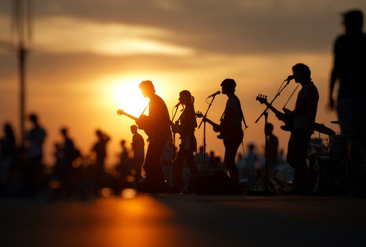 Live band performing at sunset with silhouetted musicians playing guitars and singing outdoors, warm golden sky backdrop