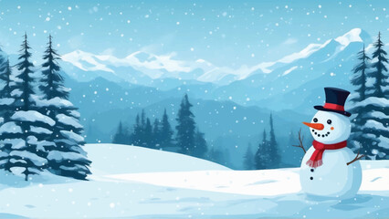 Obraz premium A cheerful snowman wearing a red hat and scarf stands in a vast snowy landscape with falling snow under a bright sky.Happy new year greeting card with copy-space.Happy snowman standing in winter lands