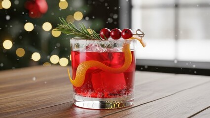 Festive cranberry cocktail with orange zest and rosemary sprig for winter holiday celebrations