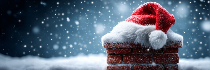 A hyper-realistic, humorous Christmas Scene with a Santa Hat on Snow-Covered Brick Chimney While it Snows for Festive Winter Holiday and Christmas Greeting Cards. Generative Ai.