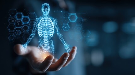 Futuristic holographic human skeleton projection held in a hand with digital data