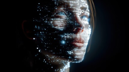 Digital face projection with glowing lines and dots against a dark background