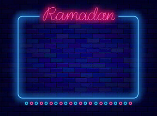 Ramadan neon banner. Eid Mubarak neon advertising. Islamic holiday month. Blue empty frame and typography. Space for text. Bright flyer. Glowing poster. Vector stock illustration