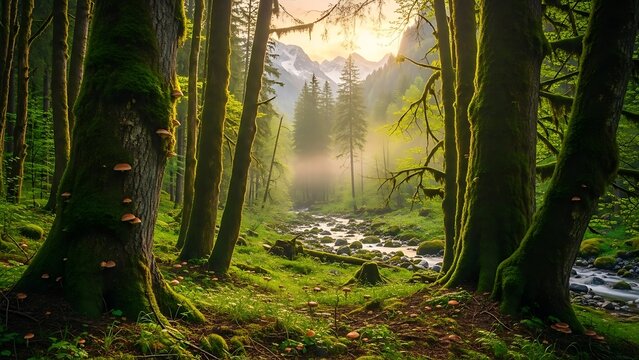 Golden light illuminates a mystical forest with a rocky stream and mossy ancient trees - Powered by Adobe