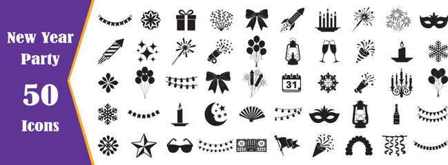 New Year Party Celebration Black Icons Set