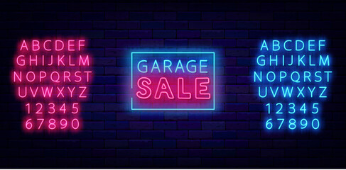 Garage sale neon label. Domestic shopping, special offer. Glowing blue and pink alphabet. Marketing emblem. Shiny banner. Vector stock illustration