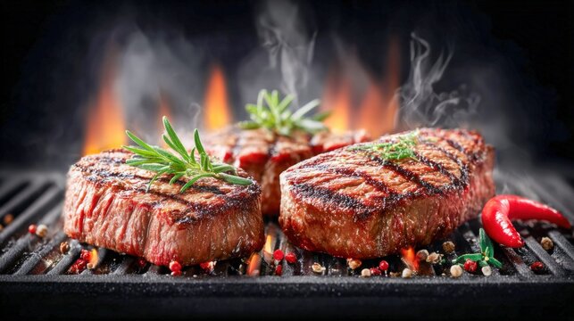 Grilled steaks with herbs and spices on a hot grill
