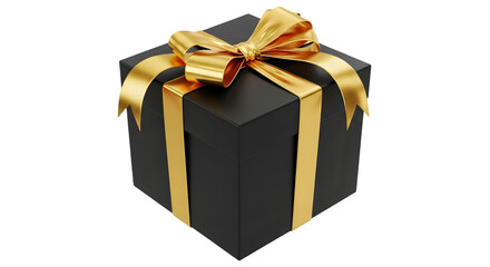 A black gift box with a gold ribbon tied in a bow