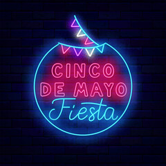 Cinco de Mayo fiesta neon signboard. Glowing advertising. Bright lettering. Mexican traditional holiday in May. Garland icon in circle frame. Light invitation. Vector stock illustration