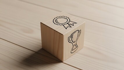 A wooden cube with awards drawn on its faces, symbolizing achievement, success, and recognition