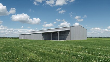Obraz premium Isolated rural warehouse building in agricultural land with natural horizon and sky, representing farm supply storage and industrial farming environment