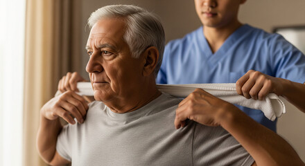 Elderly man receiving physical therapy assistance from a caregiver, focusing on shoulder and back mobility exercises