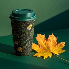 a coffee cup with a dark green elaborate botanic design