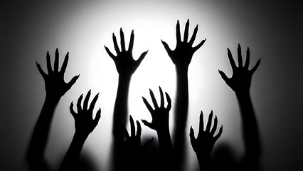 Shadowy Silhouettes of Raised Hands Emerging from Darkness, Evoking Fear and Mystery