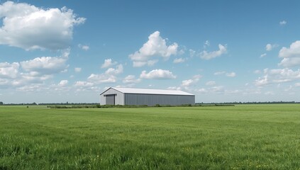 Fototapeta premium Farm storage warehouse in peaceful rural landscape with green fields and blue sky, suitable for agriculture, sustainability, and countryside themes