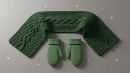 Emerald green winter accessories composition featuring scarf and mittens with snowflake accents