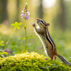a curious chipmunk with prominent stripes