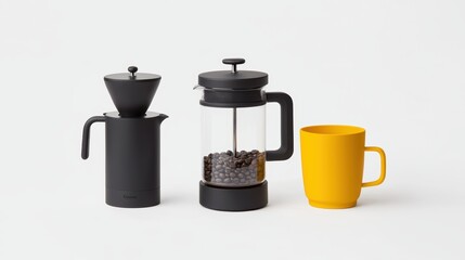 Stylish coffee brewing tools and a mug.