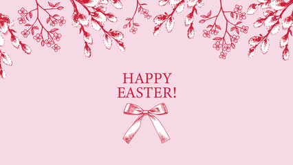 Happy Easter vintage hand drawn banner with cherry and willow branches. Greeting card and invitation design. Retro sketch vector illustration © pim