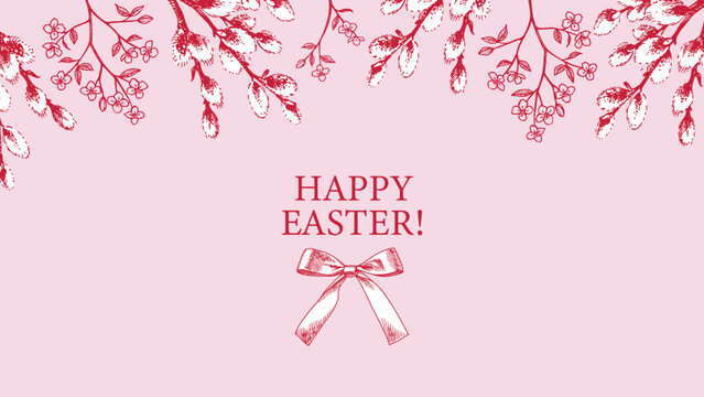 Happy Easter vintage hand drawn banner with cherry and willow branches. Greeting card and invitation design. Retro sketch vector illustration