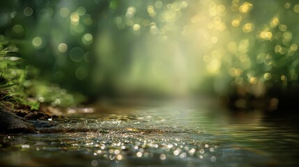 Fototapeta premium Flowing Spring River Sparkles Under Soft Green Blur With Gentle Reflections and Natural Light During a Bright Day in the Woods