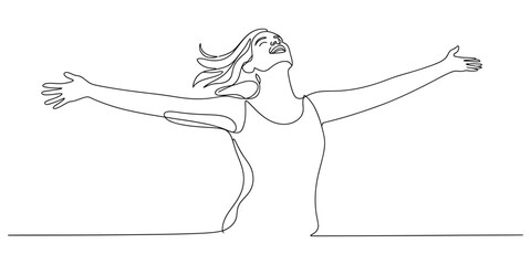 Continuous line drawing of joyful woman with open arms Vector, illustration