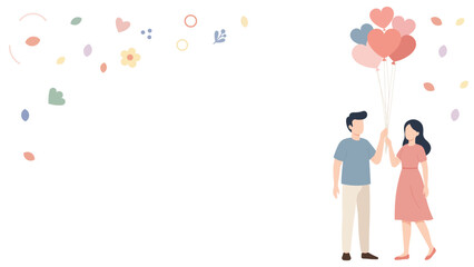 Flat Vector Illustration of Romantic Couple Holding Balloons on White Background