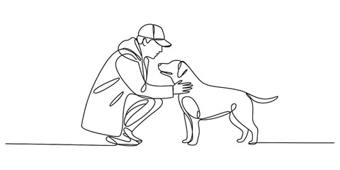 Continuous line drawing of person petting a dog Vector, illustration