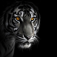 a dramatic close-up of a tiger's face, half exposed