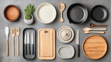 Variety of kitchen utensils and tableware arranged.