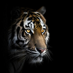 a dramatic close-up of a tiger's face, half exposed