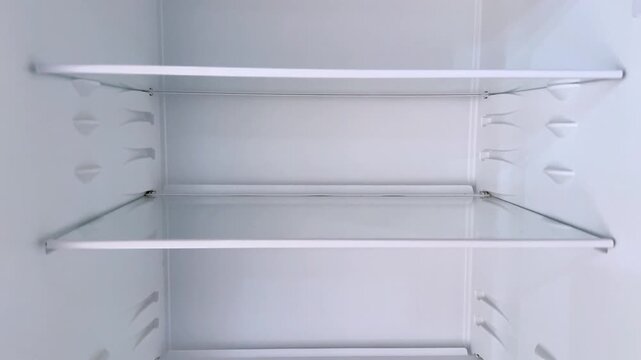 A Clear View of an Empty Refrigerator Interior with Transparent Shelves, Highlighting the Spaciousness and Cleanliness of the Appliance