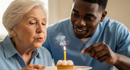 Elderly woman celebrating her birthday with a cupcake and candle, assisted by a caregiver