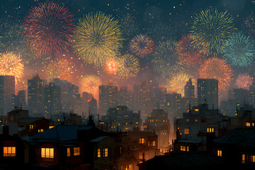 Vector illustration of a festive fireworks display over the city at night scene for holiday and celebration background design.