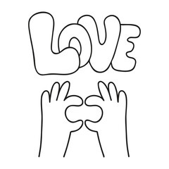 Love Lettering. Hands Making Heart Symbol. Black Outline Hand Drawn. Vector Illustration For Coloring Page And T-Shirt Print. Not AI