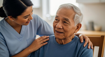 Fototapeta premium Caring nurse attentively listening to an elderly man with a gentle smile, conveying compassion and elderly care