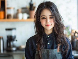 Young woman smiling in a cozy cafe setting.