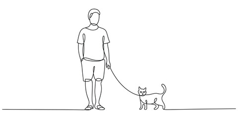 Continuous line drawing of person walking a cat Vector, illustration