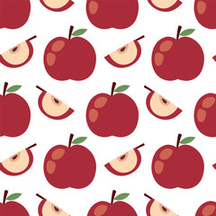 Seamless Apple Pattern with Whole Apples and Slices Flat Vector Background