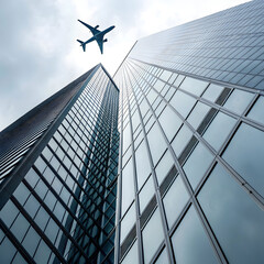airplane reflecting on blue skyscraper