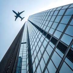 airplane reflecting on blue skyscraper