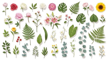 A vibrant collection of various botanical elements including flowers, leaves, and berries, arranged in a decorative pattern.