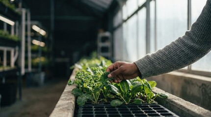Close-up of man examining young leafy green plants in an indoor greenhouse