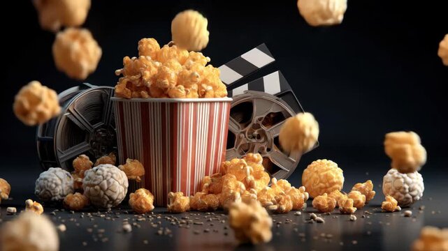 Fresh popcorn in a striped bucket with film reels and movie clapper on a dark surface for movie night snacks