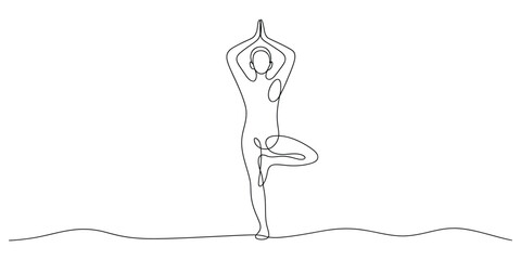 Continuous line drawing of tree pose yoga Vector, illustration
