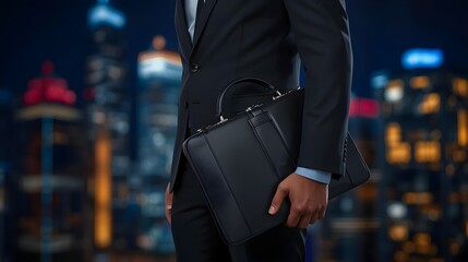 Elegant business professional in a black suit holding a leather briefcase against a modern city skyline at night. Premium corporate lifestyle concept with success, leadership, and professionalism.